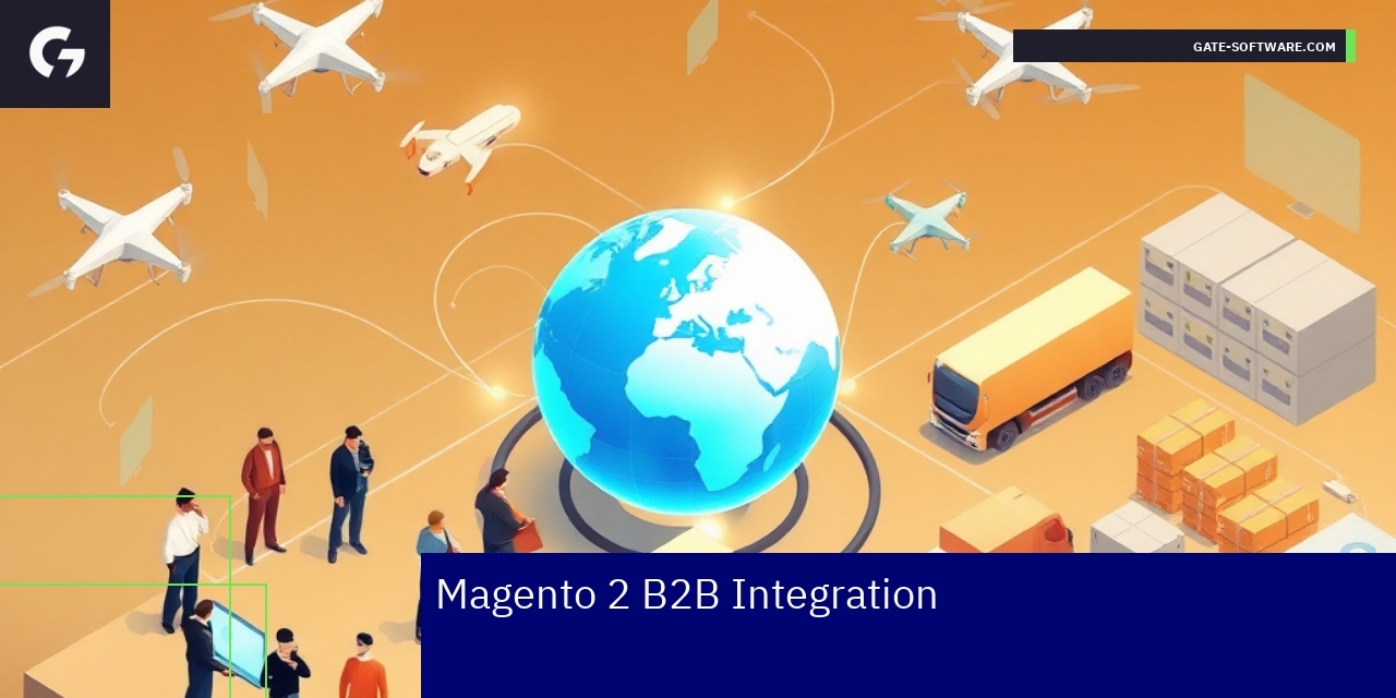 Magento 2 B2B Integration Benefits Overview Magento 2 logo with B2B integration icons and business symbols