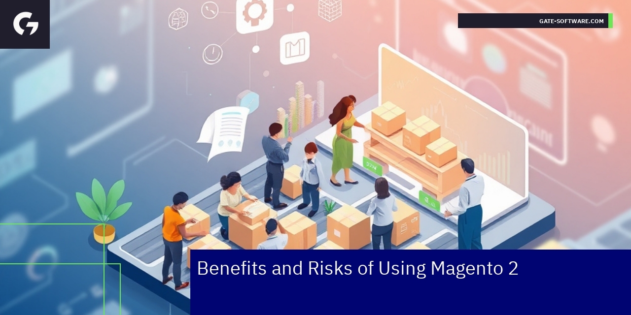 Diagram showing Magento 2 benefits risks and solutions