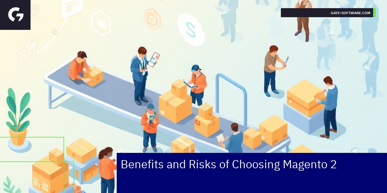 Benefits and Risks of Magento 2 Magento 2 platform interface with growth icons