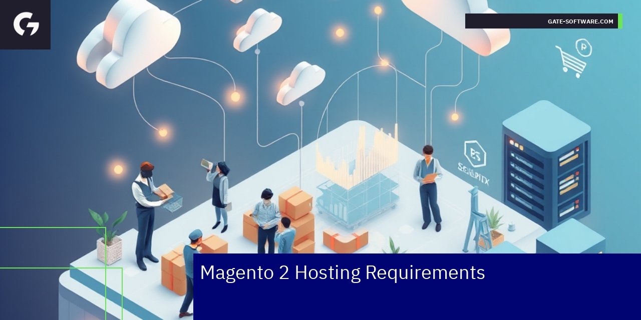 Magento 2 Hosting Requirements and Best Practices Server setup with cloud and security icons
