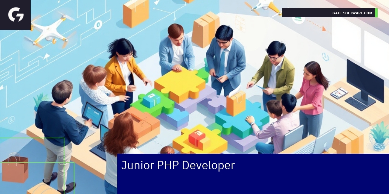 Programista przy komputerze z kodem PHP i integracjami