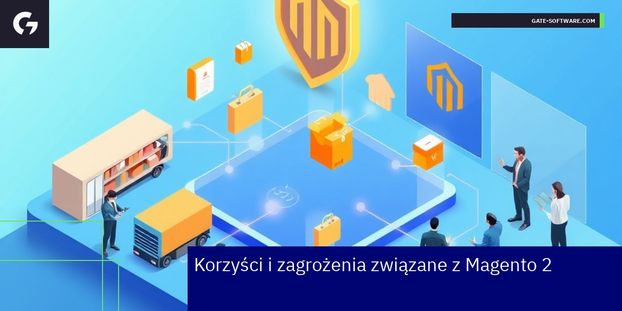 Diagram korzyści i zagrożeń Magento 2 na tle komputera