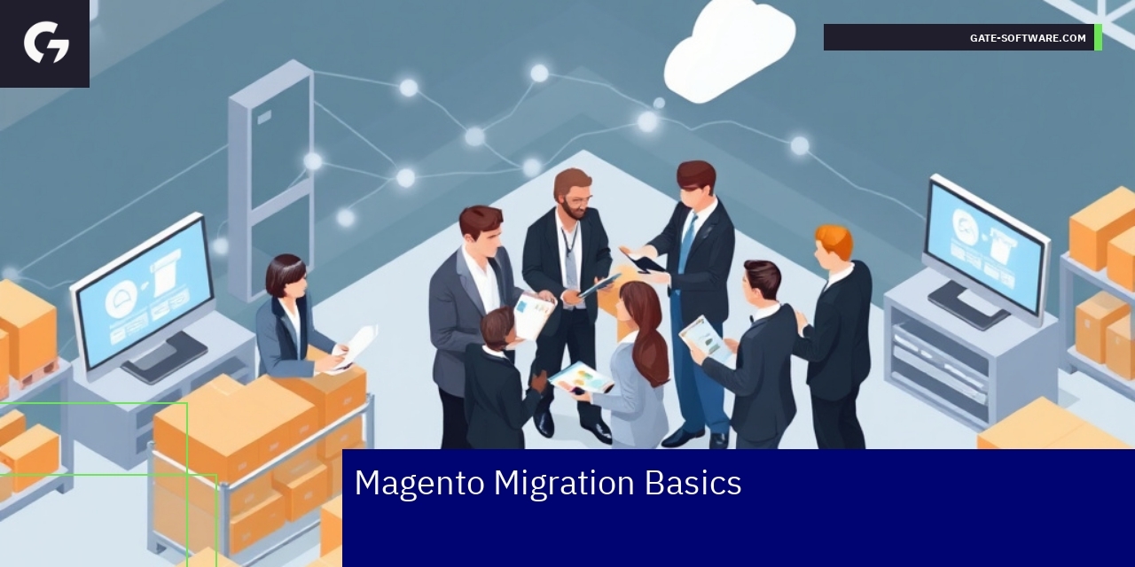 Magento 2 Migration Benefits for B2B Stores Illustration showing Magento 2 icons and B2B business elements