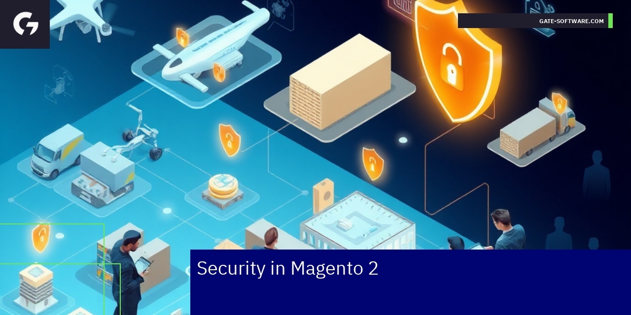 Security Strategies for Magento 2 B2B Integrations Shield icon with Magento 2 digital security theme