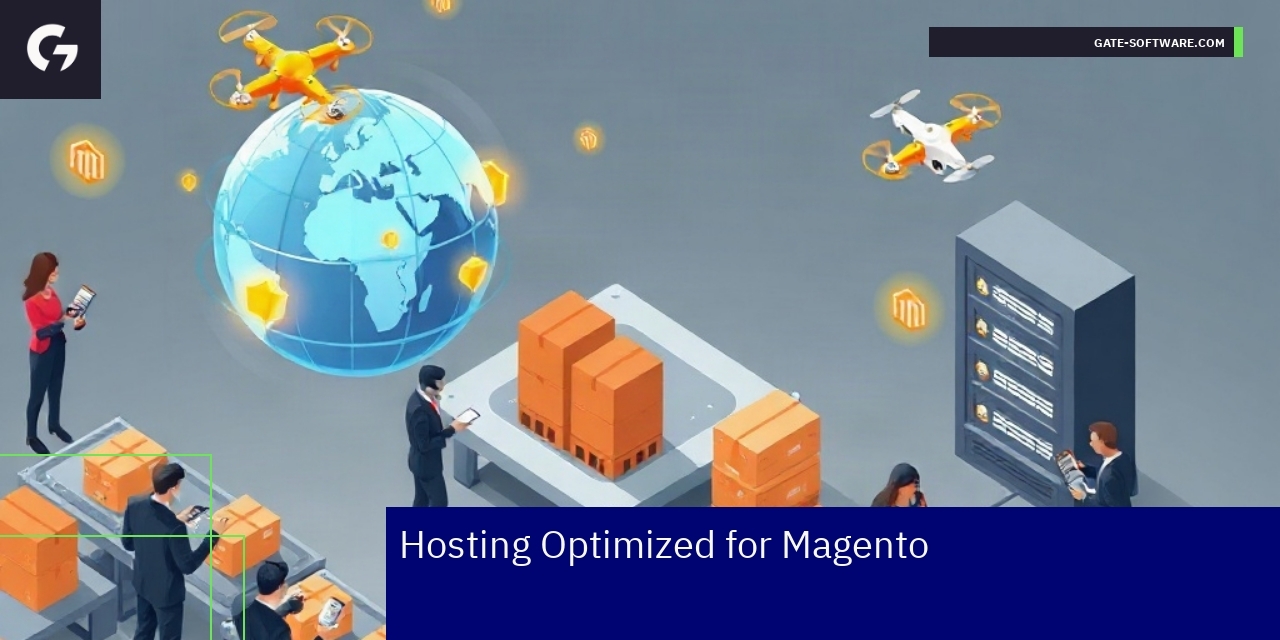 Benefits of Magento Optimized Hosting Server, security shield, and eCommerce icons