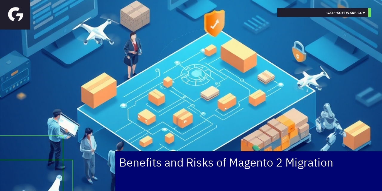 Diagram showing Magento 2 migration benefits and risks