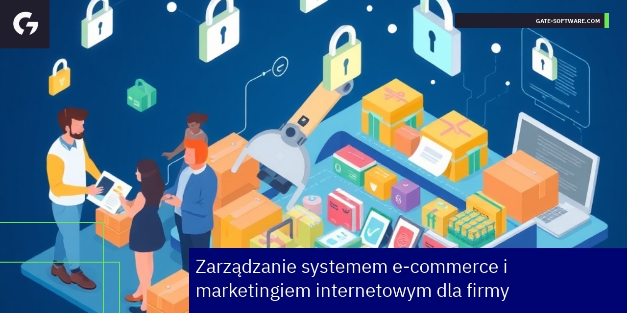 Zarządzanie e-commerce i bezpieczeństwo Magento 2 Ekran komputera z panelem Magento i ikoną bezpieczeństwa