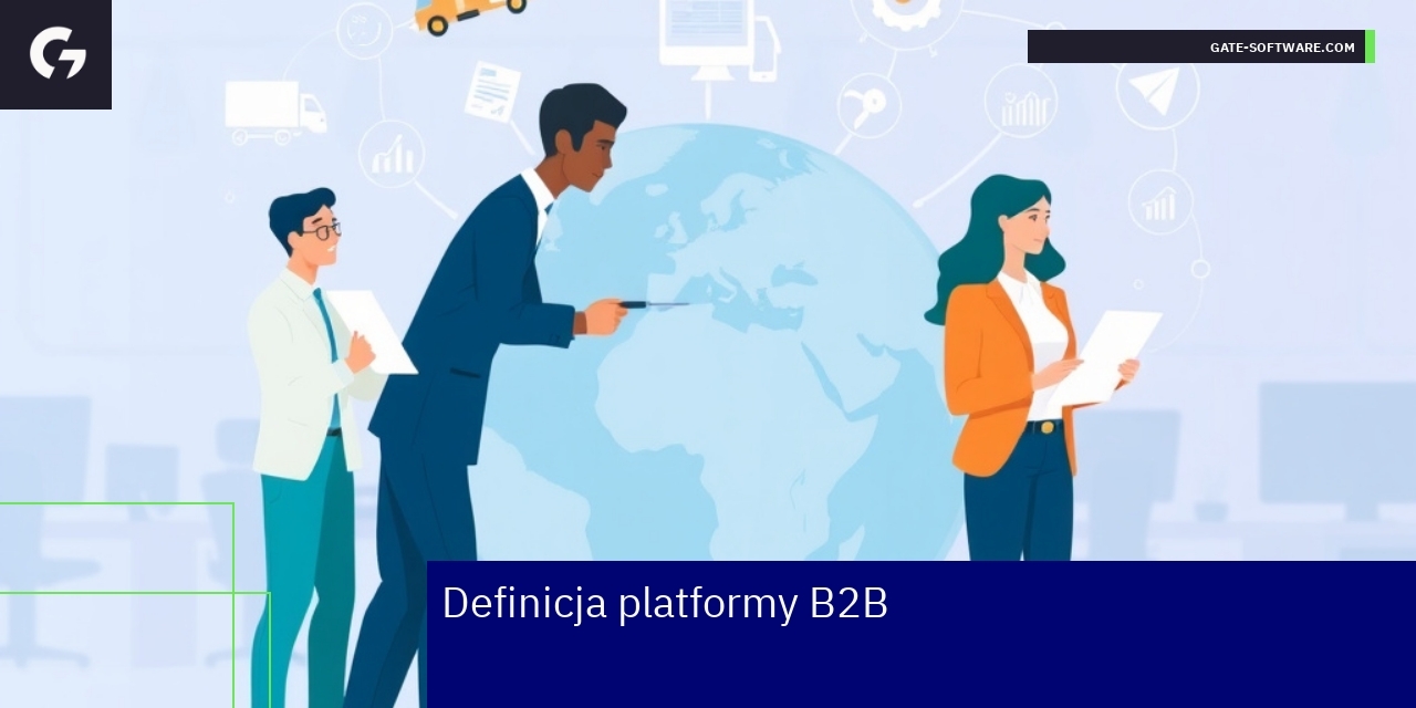 Schemat funkcjonowania platformy B2B z ikonami biznesowymi