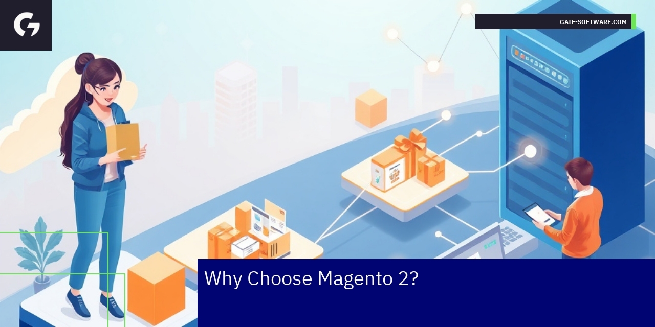 Magento 2 Hosting Requirements and Benefits Magento 2 logo with server and secure hosting symbols