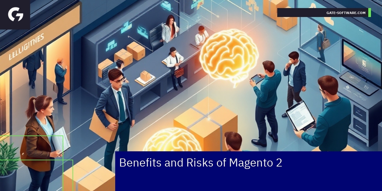 Benefits and Risks of Magento 2 Platform Magento 2 advantages and risks infographic