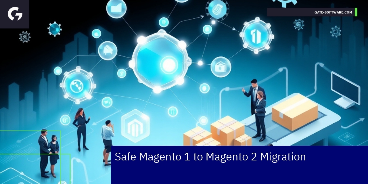 Safe Magento 1 to Magento 2 Migration Benefits Diagram showing Magento 1 to Magento 2 migration steps