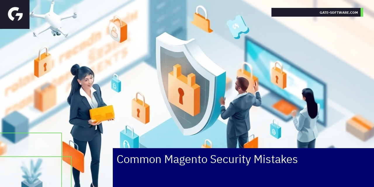 Common Magento Security Mistakes and Solutions Magento platform with security shield and update icons