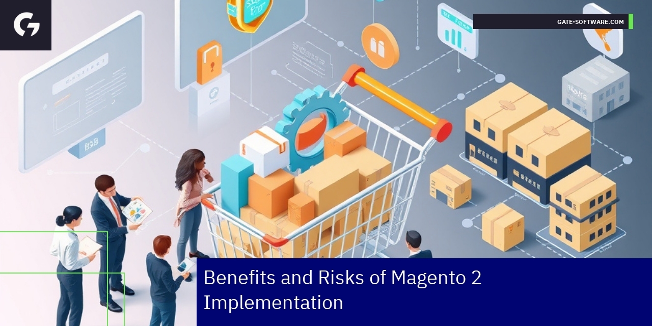 Infographic summarizing Magento 2 benefits and risks