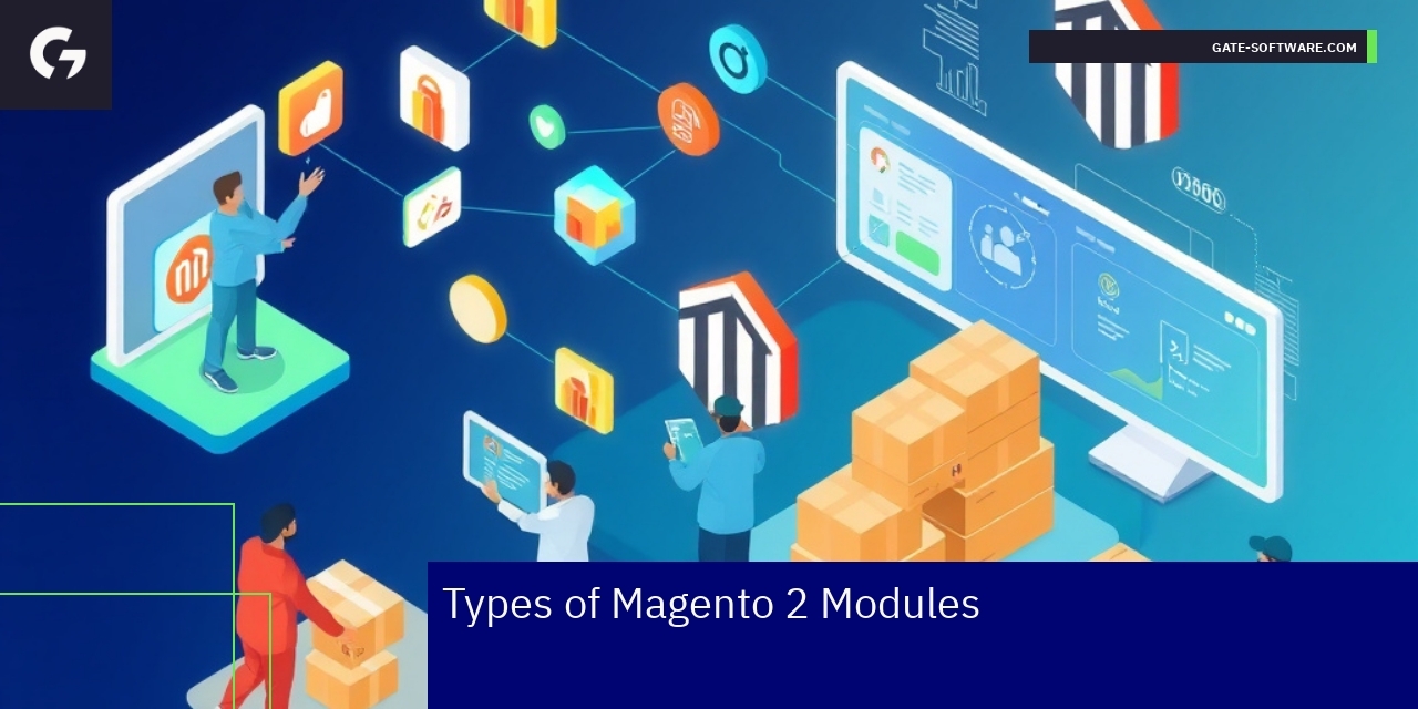 Magento 2 Modules Comparison and Benefits Magento 2 modules icons and business workflow