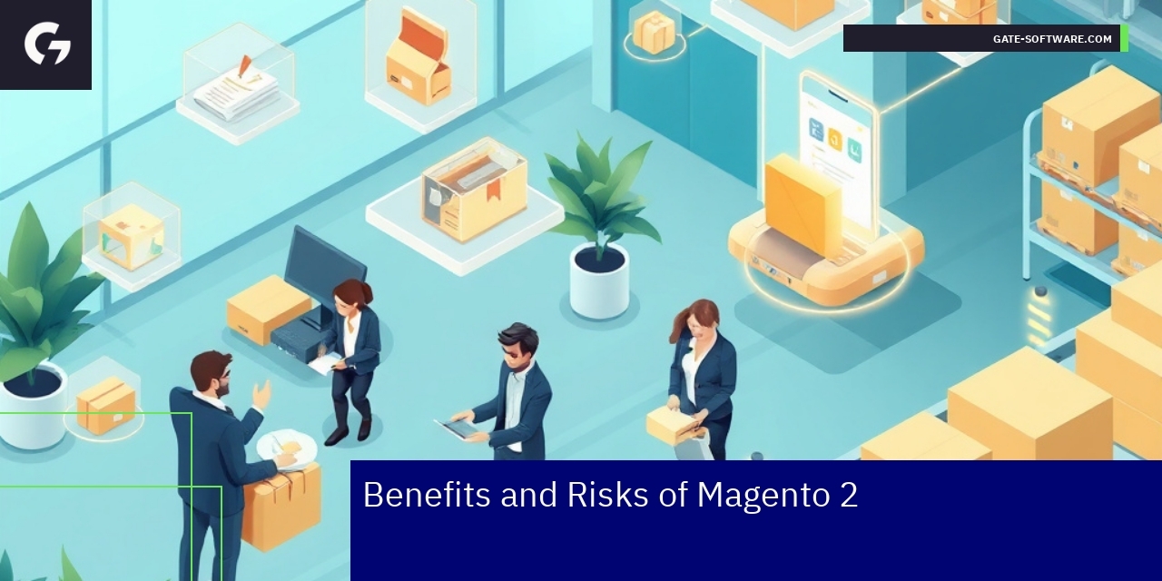 Benefits and Risks of Magento 2 for B2B Diagram showing Magento 2 benefits and risks overview