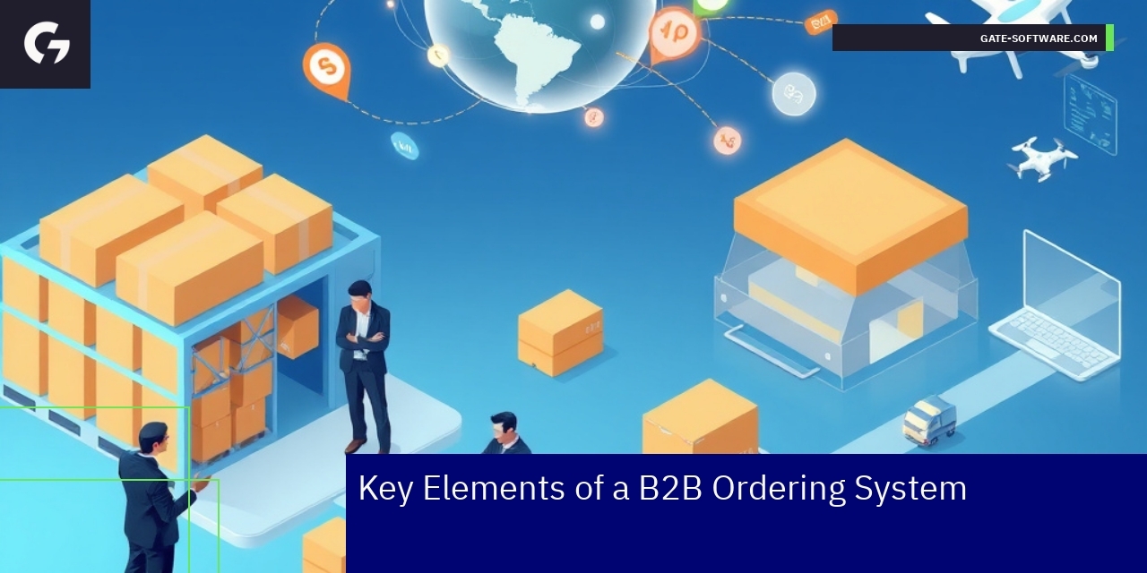 Diagram illustrating B2B ordering system features and client types