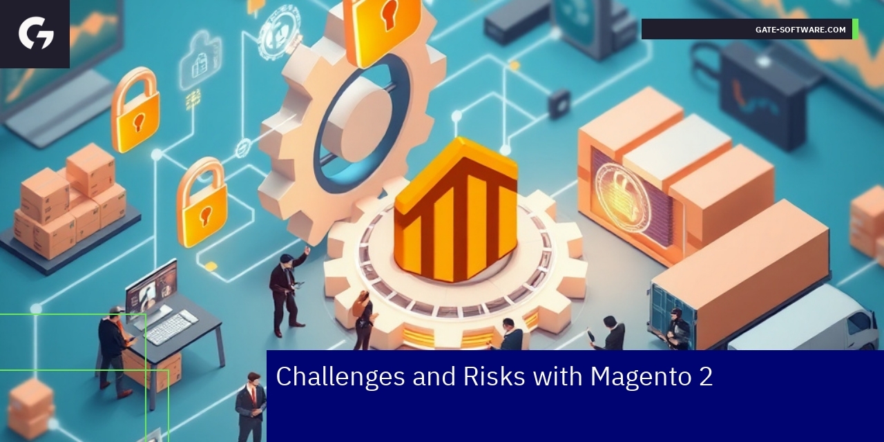 Magento 2 B2B Challenges and Risk Factors Graphic showing Magento 2 e-commerce risks and solutions