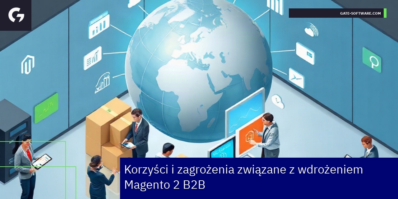 Grafika prezentująca korzyści i zagrożenia Magento 2 B2B