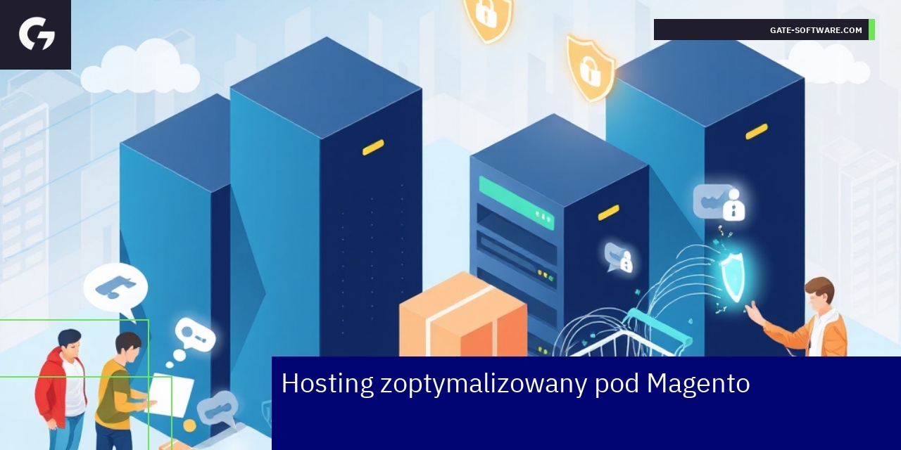 Hosting zoptymalizowany dla Magento sklepów Serwer hostingowy z logiem Magento i wykresami