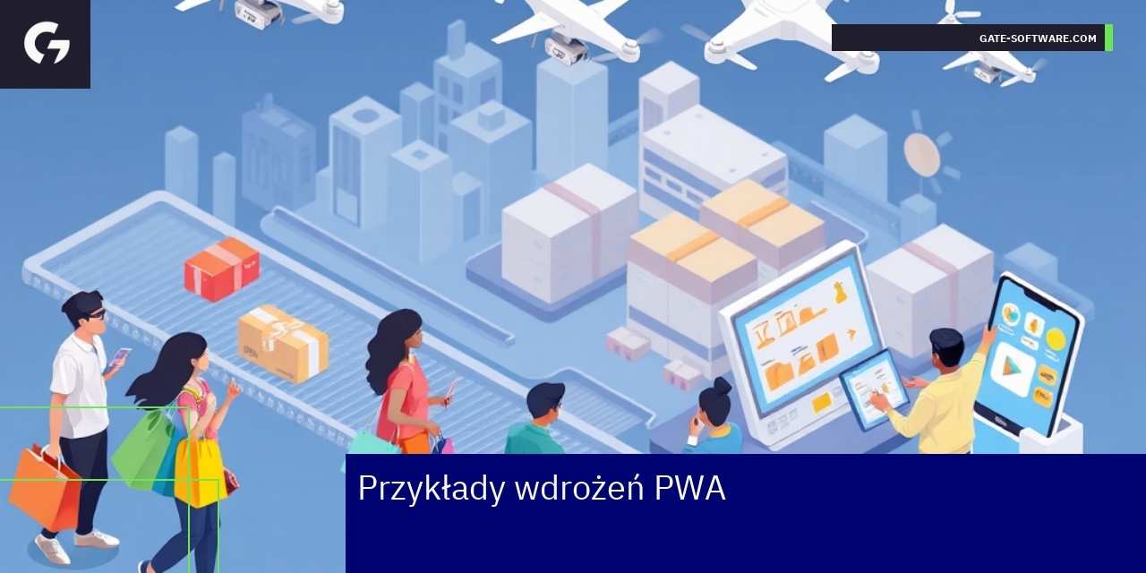Przykłady wdrożeń PWA w branżach biznesowych Ikony e-commerce, media i aplikacji podróżniczych PWA