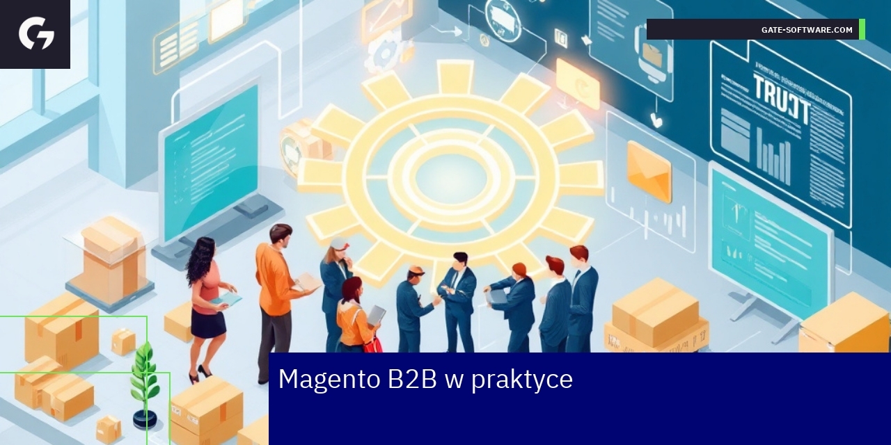 Grafika przedstawiająca automatyzację i skalowalność Magento B2B
