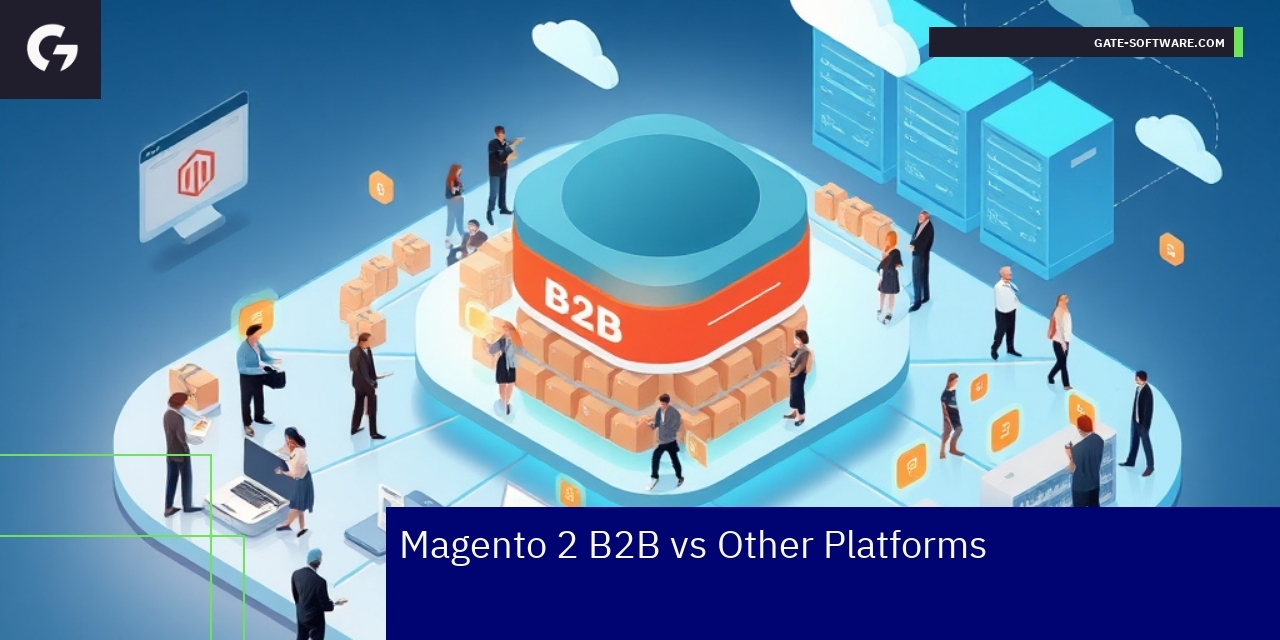 Magento 2 B2B Advantages Over Other Platforms Business technology showing Magento ecommerce features