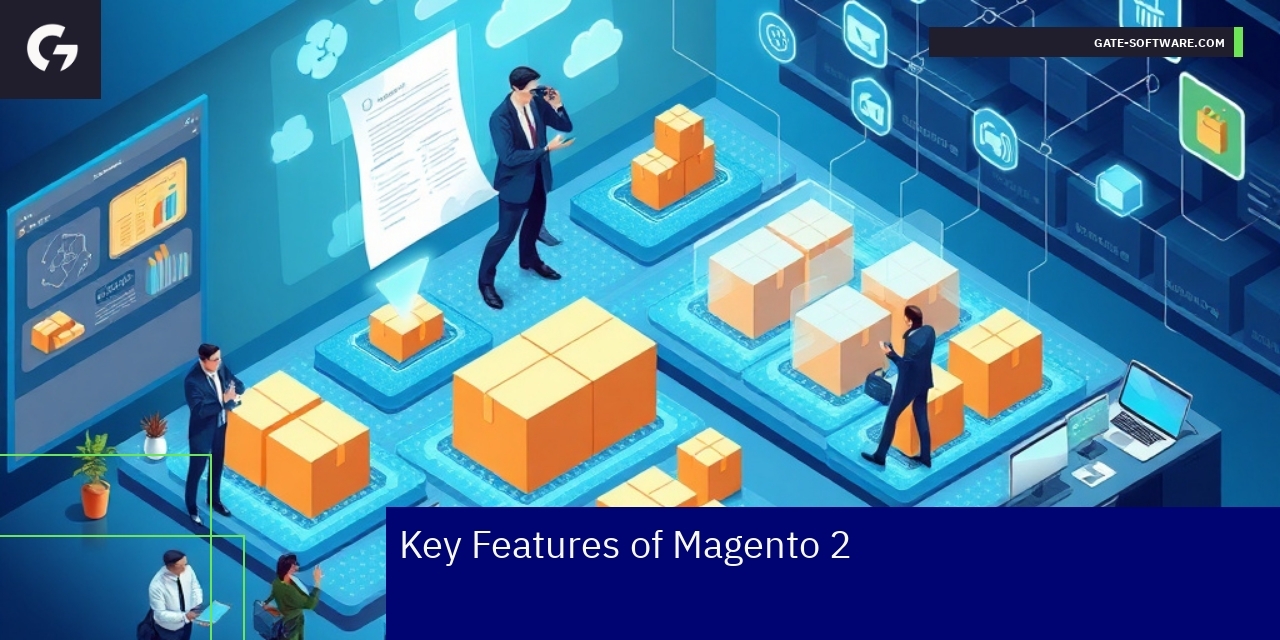 Key Features of Magento 2 for B2B eCommerce Magento 2 features icons and B2B ecommerce concepts