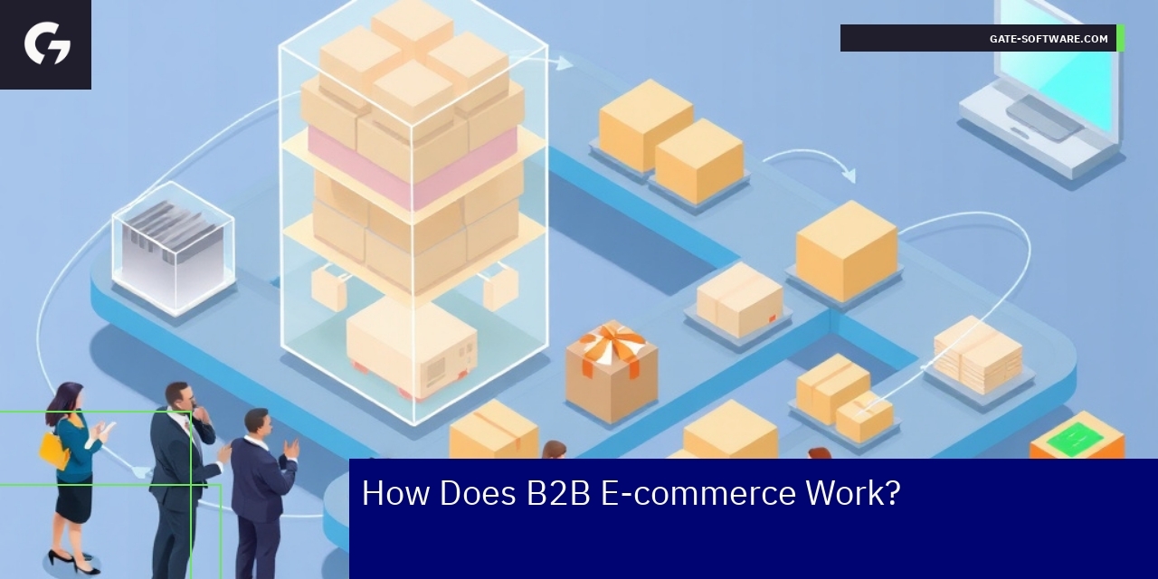 Overview of B2B E-commerce Processes and Benefits Business professionals using e-commerce platform on screens