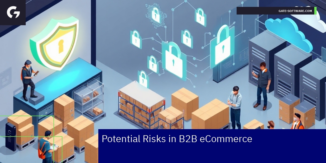 Key Risks in B2B eCommerce Management Icons representing cybersecurity, logistics, and platform risks