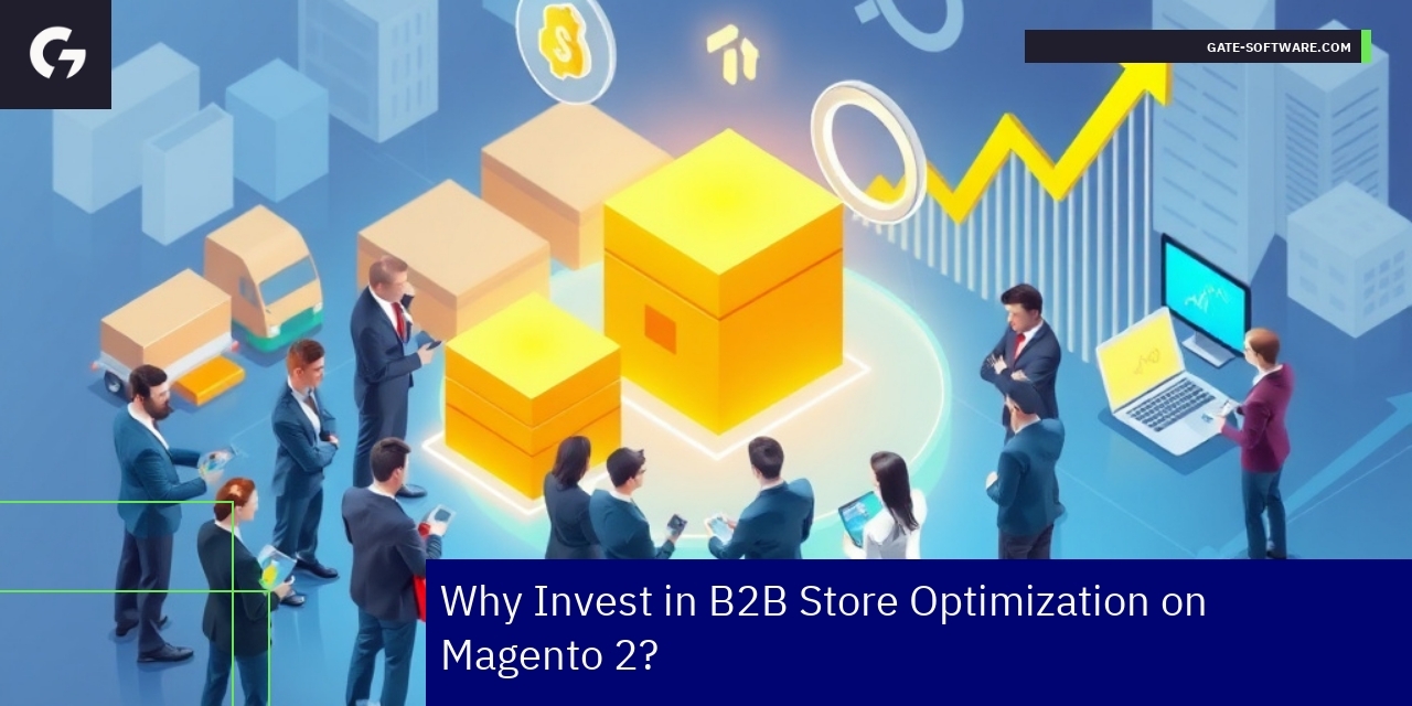 Graphs and icons representing Magento 2 B2B optimization
