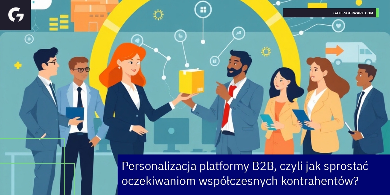 Schemat personalizacji platformy B2B z ikonami i wykresami