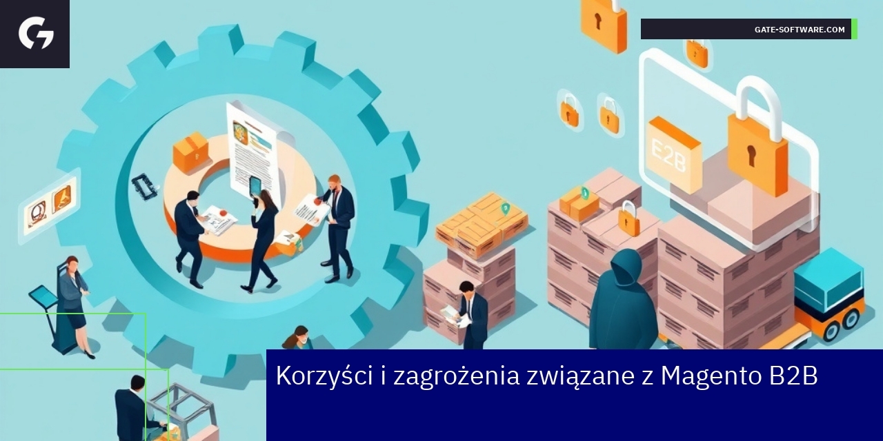 Korzyści i zagrożenia platformy Magento B2B Schemat przedstawiający korzyści i zagrożenia Magento B2B