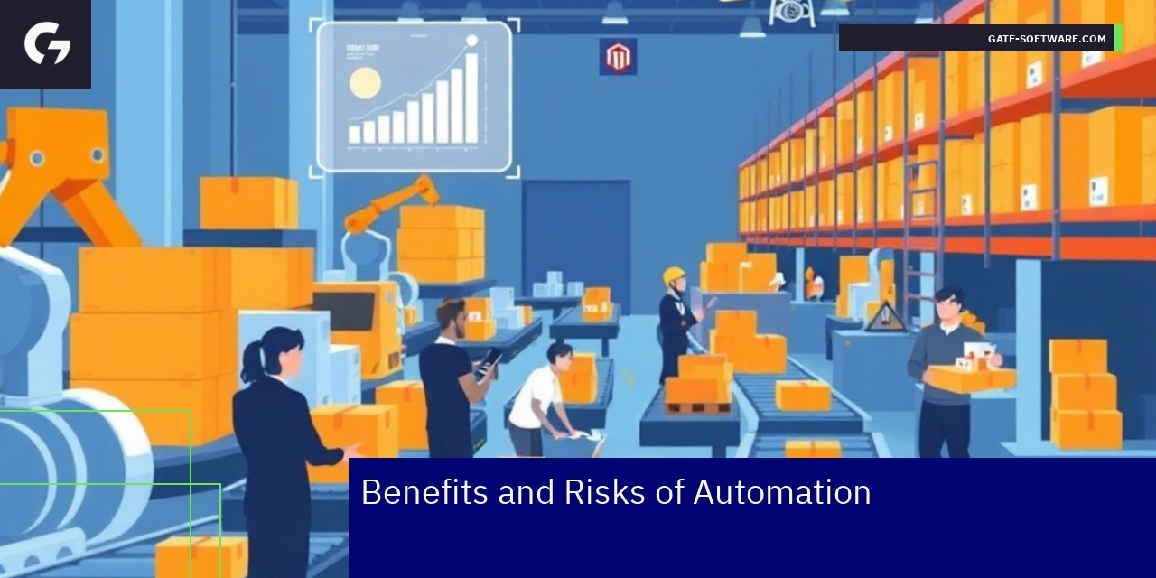 Benefits and Risks of Magento Automation Graphic showing Magento automation benefits and risks