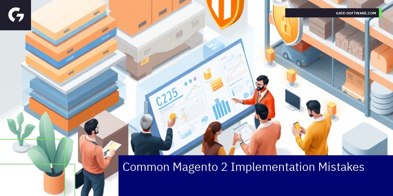 Magento 2 challenges icons and B2B business graphics