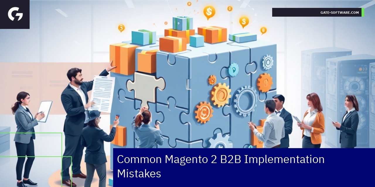 Common Magento 2 B2B Implementation Mistakes and Solutions Diagram showing Magento 2 B2B implementation challenges and tips