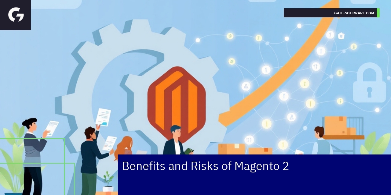 Diagram showing Magento 2 benefits and risks