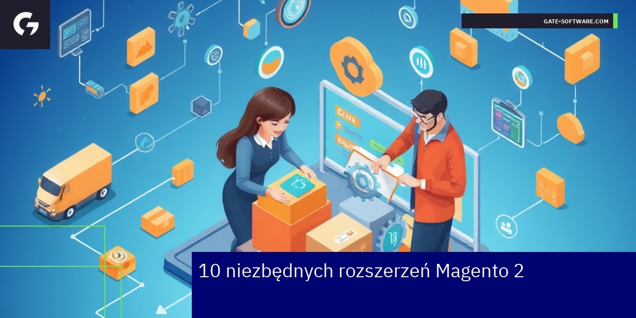 Kluczowe rozszerzenia Magento 2 dla e-commerce Ikony rozszerzeń Magento i schemat sklepu internetowego