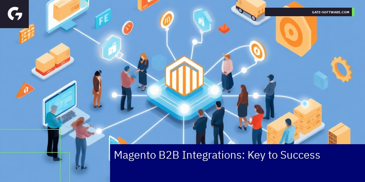 Magento 2 B2B ERP Integrations and Benefits Magento B2B platform with ERP integration icons