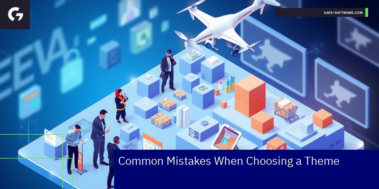 Illustration of theme choice mistakes and Magento logo