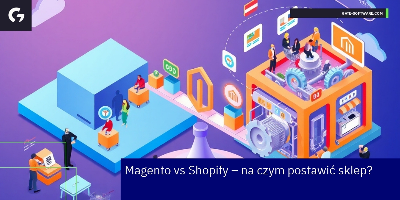 Logo Magento i Shopify na tle wykresów kosztów