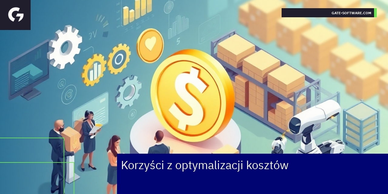 Korzyści z optymalizacji kosztów w biznesie Wykresy i ikony symbolizujące oszczędności i rozwój