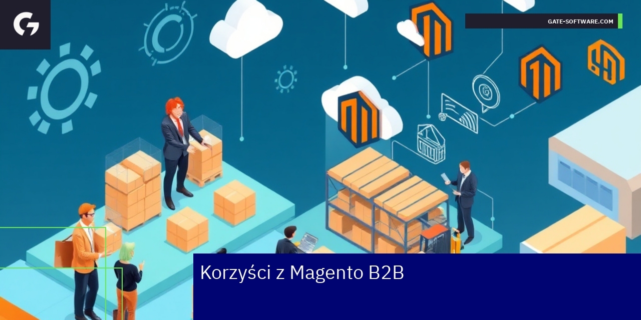 Korzyści z Magento B2B dla biznesu grafika przedstawiająca integrację i dedykowane wdrożenia