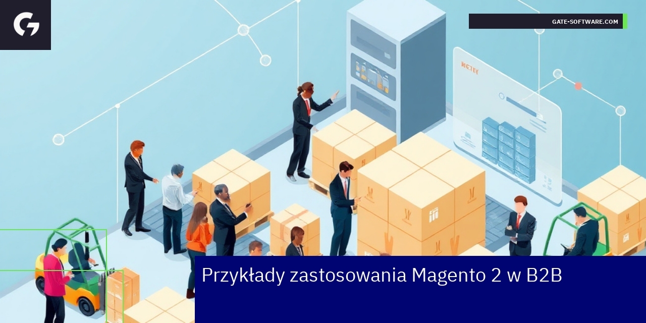 Zastosowania Magento 2 w biznesie B2B Wykresy i ikony przedstawiające rozwiązania Magento 2