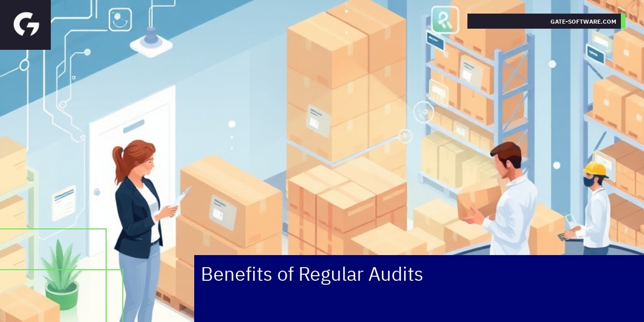 Benefits of Regular Audits in Business Checklist on clipboard with pie chart and magnifying glass
