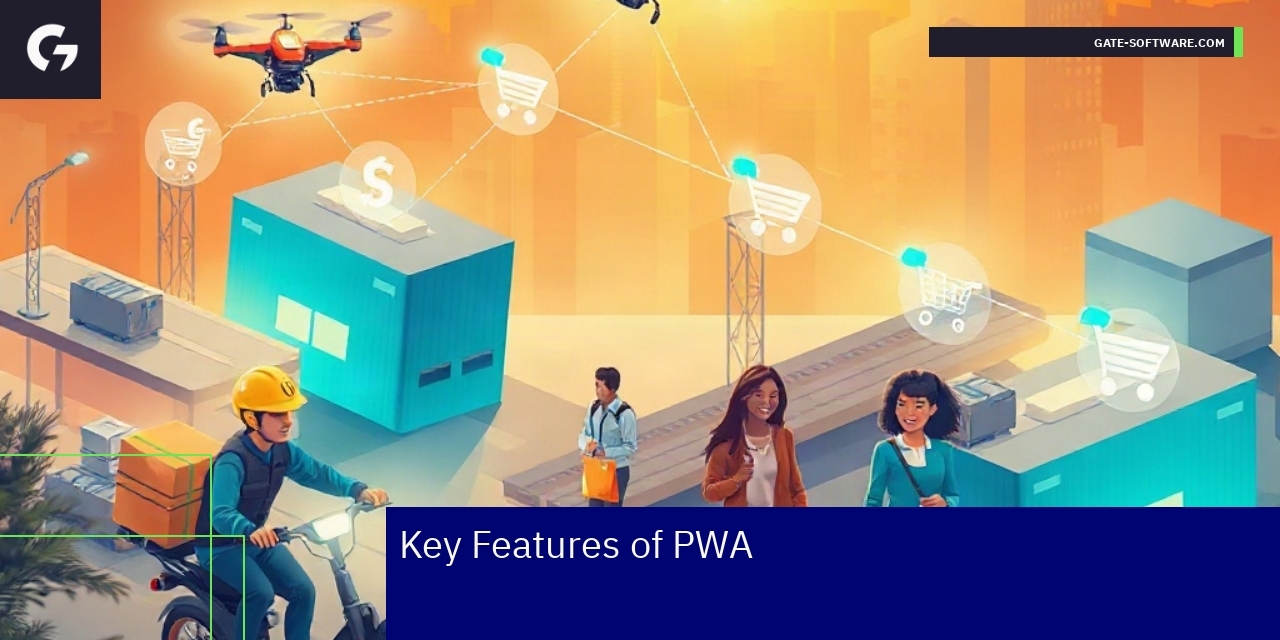 Icons representing PWA solutions, devices, and speed