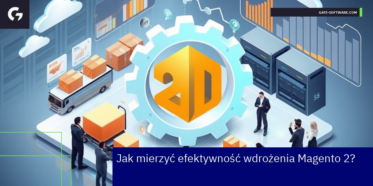 Efektywność wdrożenia Magento 2 w B2B Wykresy i ikony przedstawiające dane i metryki Magento 2