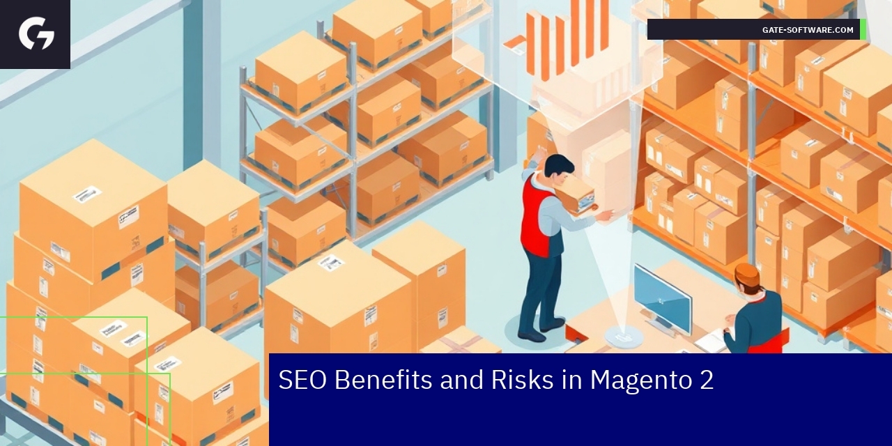 Diagram showing Magento 2 SEO benefits and risks balance