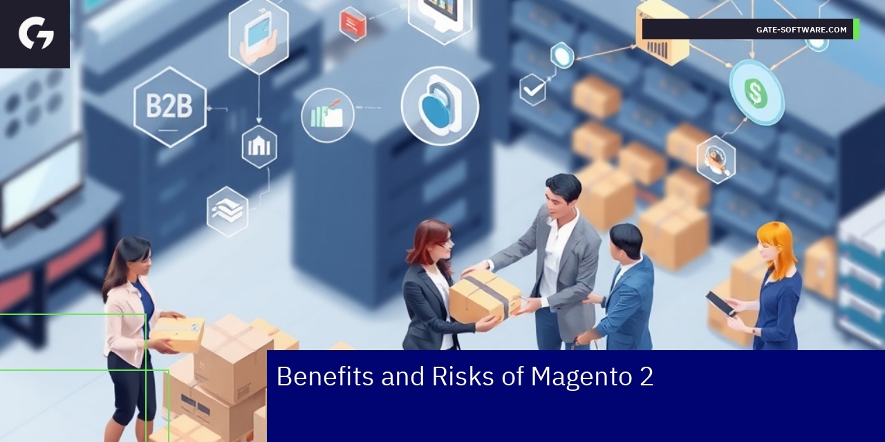 Benefits and Risks of Magento 2 for B2B Diagram showing Magento 2 benefits and risks overview