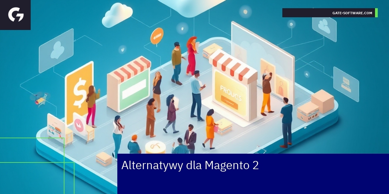 Alternatywne platformy e-commerce dla Magento 2 ikony różnych platform e-commerce na tle diagramu