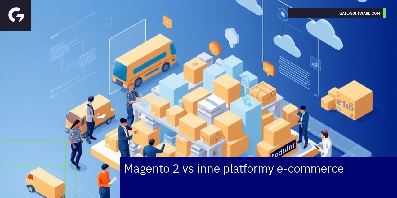 Magento 2 jako platforma e-commerce dla B2B schemat platformy Magento 2 z ikonami integracji i UX